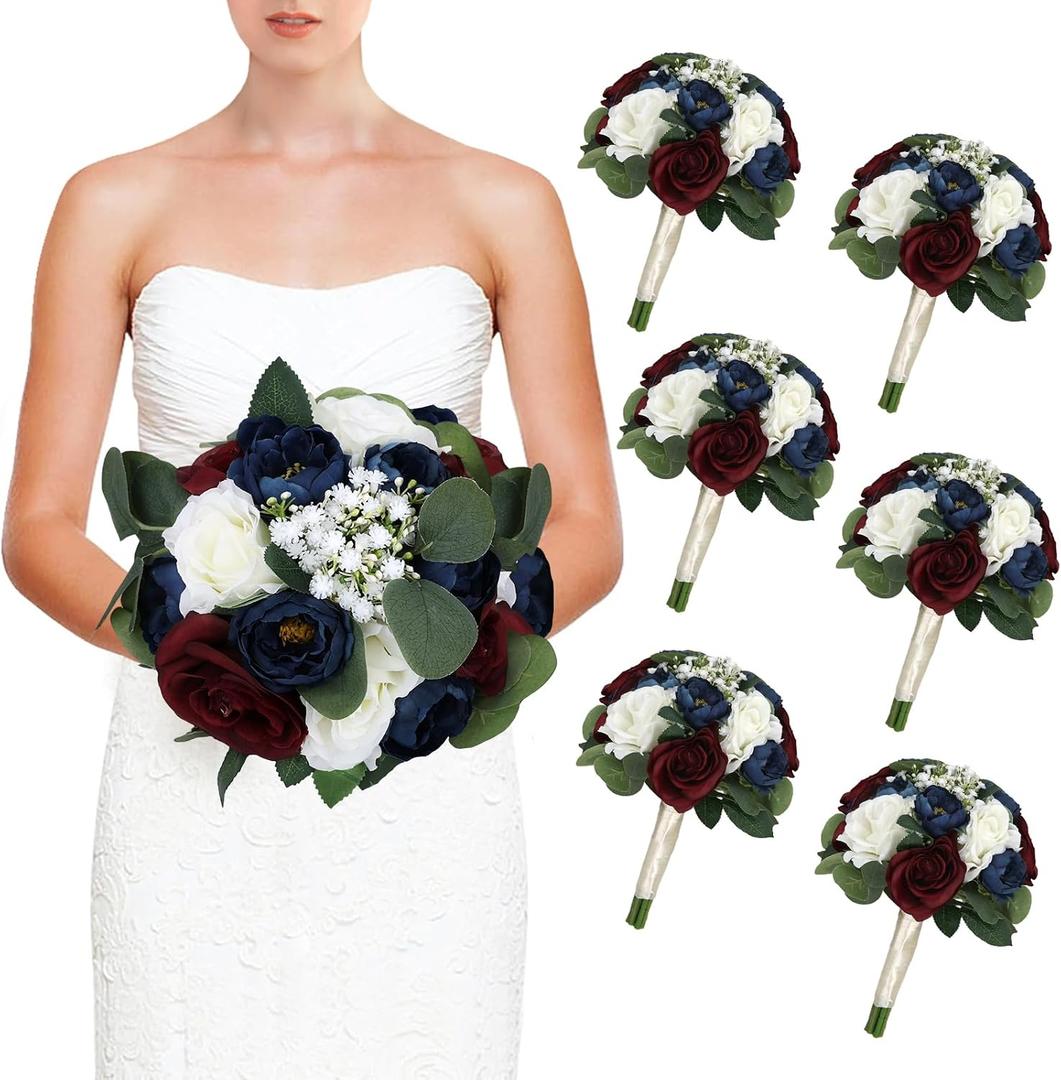 Set of 6 Bridesmaid Bouquets, 11 Inch Wedding Bouquets for Bridesmaids Artificial Flower Bouquets for Wedding Ceremony Bridal Shower Decorations - Burgundy & Navy Blue