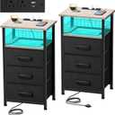 Night Stand Set 2 with Charging Station, End Table Set of 2 with 20 Colors LED Light Strip, 3 Fabric Drawers, Bedside Table with USB Ports and Outlets for Bedroom (Grey)