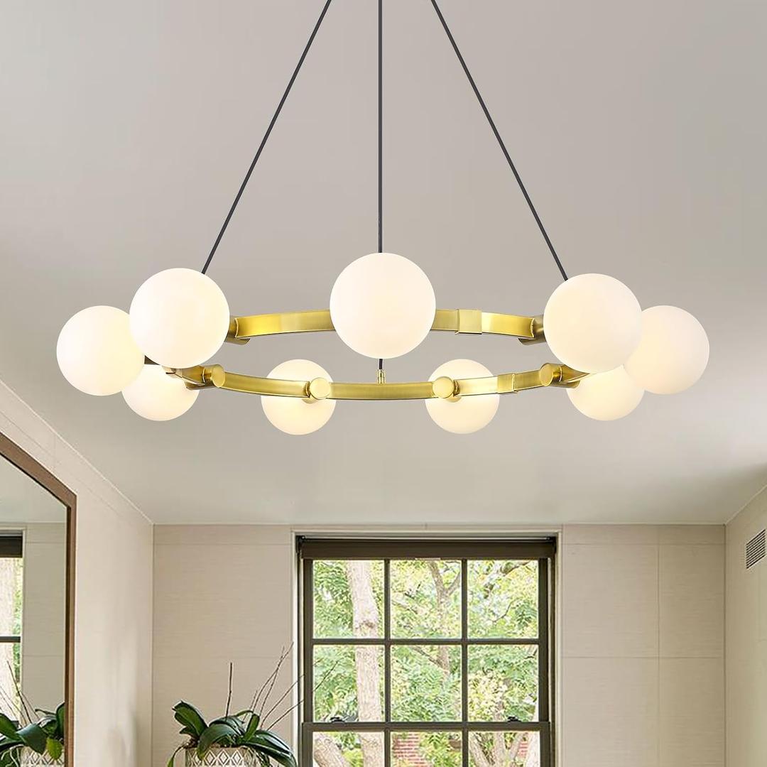 9-Light Brass Sputnik Chandeliers, White Globe Ceiling Light Fixture Over Table, Mid Century Large Gold Wagon Wheel Chandelier for High Ceiling Living Room Kitchen Island Foyer