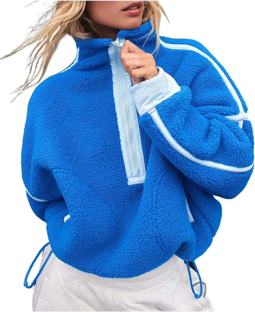 Women's Fleece Sweatshirts Half Zip Pullover Long Sleeve Oversized Workout Crop Tops Hoodie with Pocket (Medium, Blue)