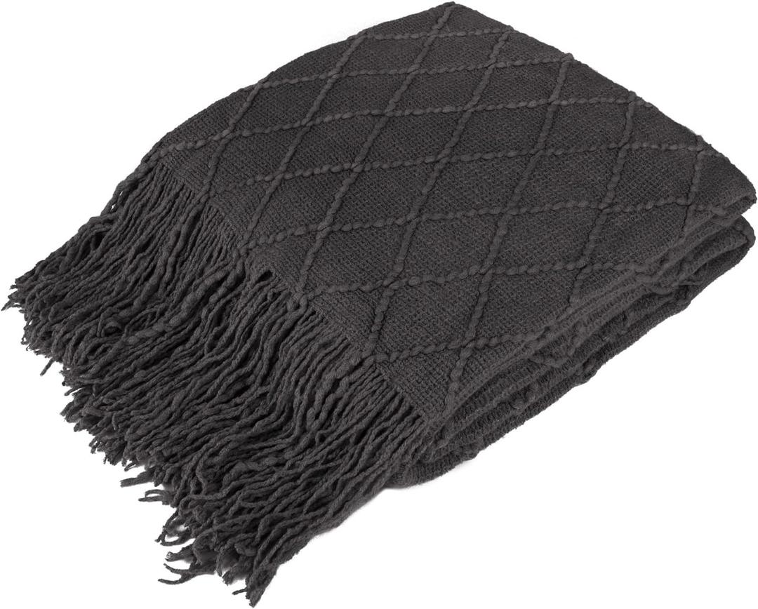 PAVILIA Dark Gray Knit Throw Blanket for Couch Bed, Soft Knitted Farmhouse Sofa Throw for Living Room, Lightweight Decorative Summer Throw Blanket for Chair, Outdoor Textured Boho Blanket, 50x60