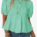 Tankaneo Womens Puff Sleeve Peplum Babydoll Tops Summer Smoked Pleated Cotton T-Shirts Casual Loose Fit Flowy Blouse L