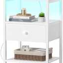 BOLUO White Nightstand with Charging Station, LED Night Stand with Fabric Drawers and Shelf, Bedside Table with USB Ports and Outlets, Bedroom Nightstand Modern
