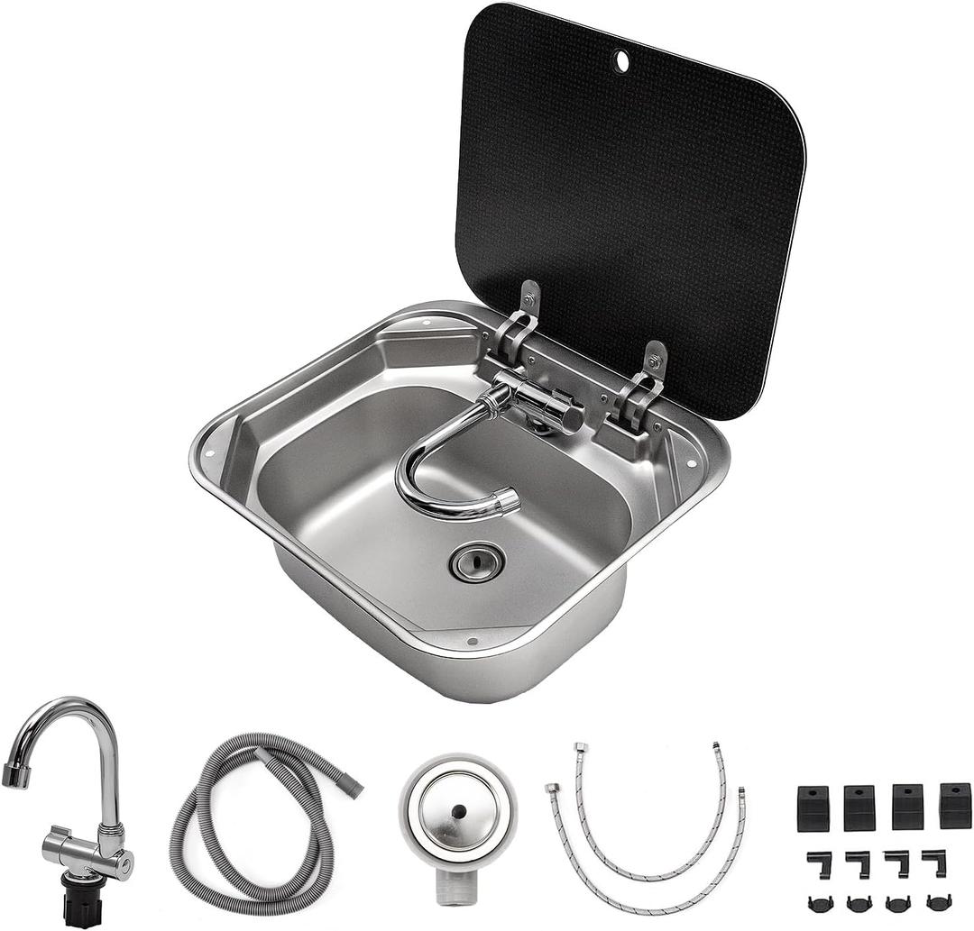 Portable RV Kitchen Sink 16.54"14.57", Premium Stainless Steel Drop-in Bar Sink with Foldable Faucet & Tempered Glass Cover, Space-Saving Camper Trailer Sink Kit, 16.5414.575.91 Inch