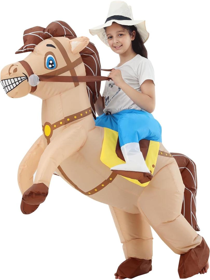 Inflatable Horse Costume, Funny Cowboy Riding Horse Suit, Blow up Costumes for Halloween, Christmas, Theme Parties (Brown 120-150cm)