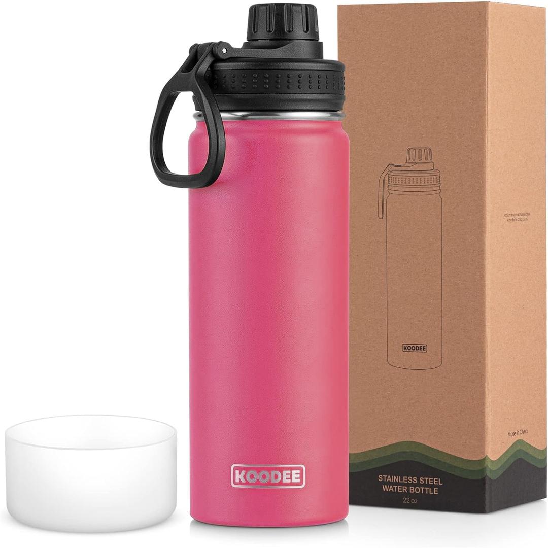 koodee 22 oz Water Bottle Stainless Steel Double Wall Vacuum Insulated Sports Water Bottle with 3 Lids, Reusable Metal Water Flask with Straw for women and Girls, BPA Free(Pink Red)