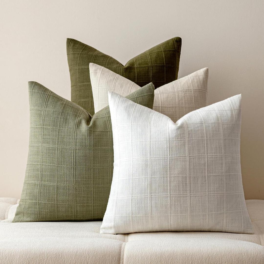 Green Linen Pillow Covers Set of 4, Spring Decorative Plaid Throw Pillow Covers 20 x 20 Inch, Boho Cushion Soft Farmhouse Vintage Cozy Neutal Home Decor for Living Room Bedroom Olive Green
