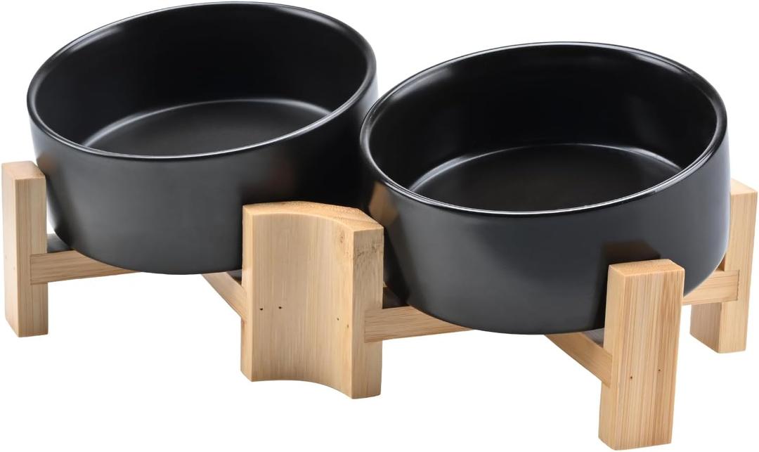 SPUNKYJUNKY 15 Slanted Ceramic Dog and Cat Bowl with Wooden Stand, Tilted Bulldog Food and Water Bowl No Slip Non-Spill for Cats Medium Dogs Big Face Pets 13.5 OZ (1.7 Cups, Black  2)
