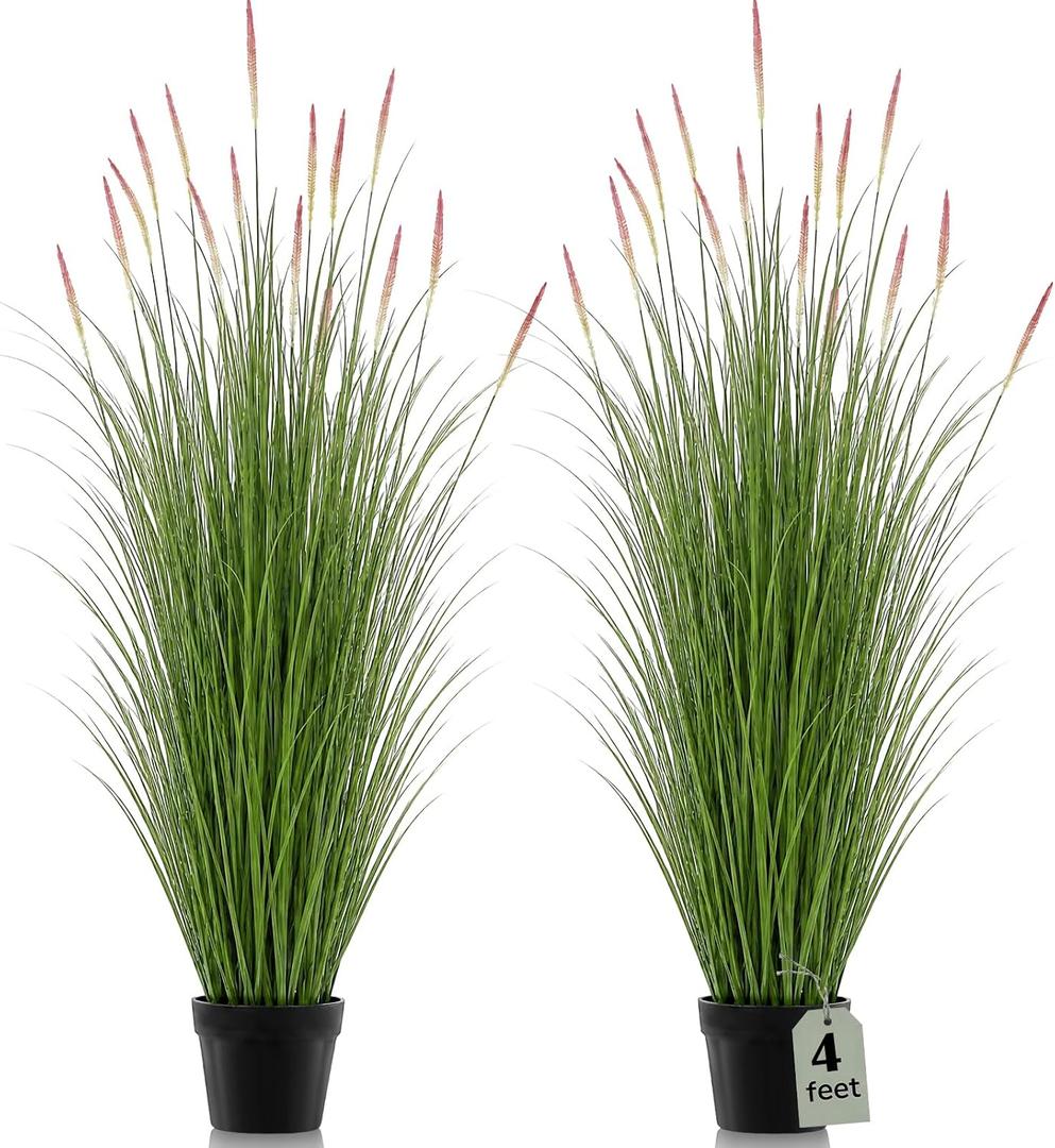 Jexine 2 Pieces 4 ft Tall Artificial Grass Plants Fake Horsetail Reed Grass Plant with Purple Spikes Potted Faux Greenery Floor Plants for Housewarming Gift House Garden Lobby Outdoor