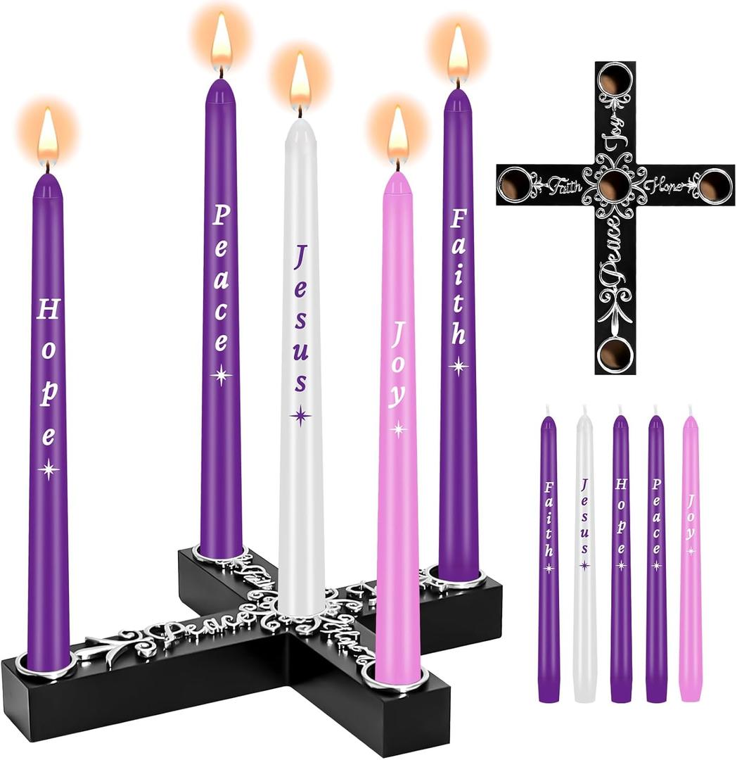 5PCS Christmas Advent Candles and Nativity Candle Holder,Colored Taper Candles Set with Wood Cross & Celtic Knot Candlestick,Religious Christmas Gift for Home Church Fireplace Centerpiece Decor (Purple-Pink-White)