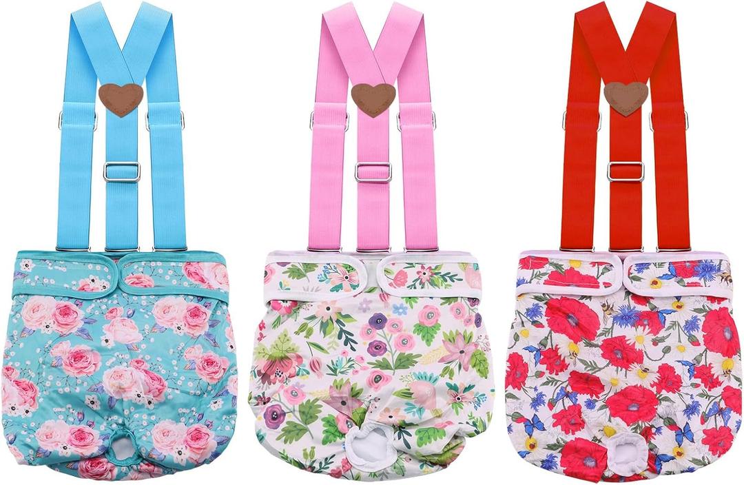 3 Pack Washable Female Dog Diaper with Suspender,Reusable Fixed Doggie Diapers Super Absorbent Leakproof for Small Medium Large Dog in Heat Cycle,M