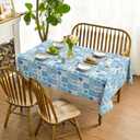 Horaldaily Summer Tablecloth 6084 Inch Rectangular, Patchwork Style Sealife Shells Starfish Seaweed Conch Light Blue Washable Seasonal Table Cover for Party Picnic Dinner Decor