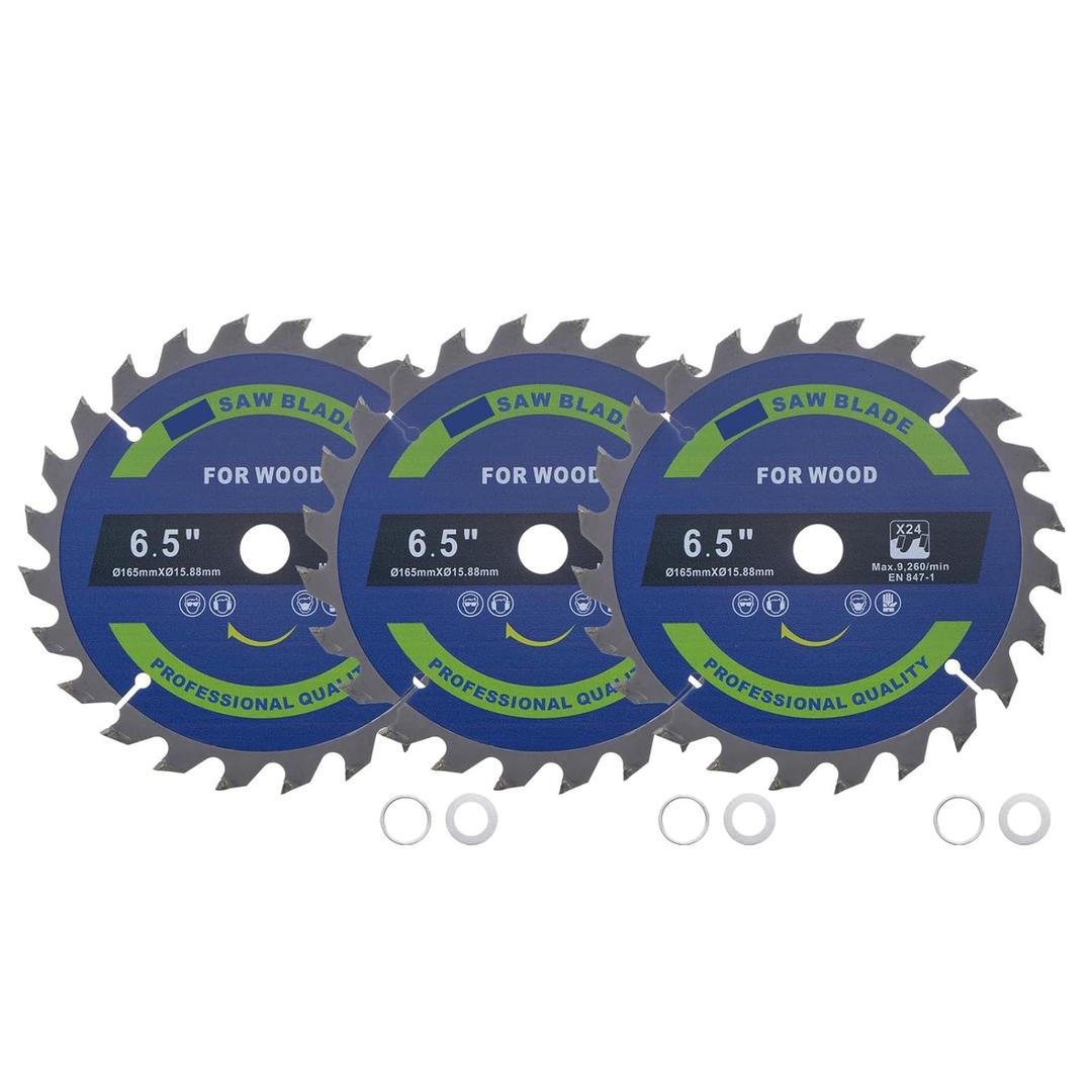 3pcs Circular Saw Blade - [6 1/2-inch x 24 Teeth x 5/8-inch Arbor] Circular Cutting Blade with 5/8" to 3/8" Washer Adapter for Woodworking Plastic Use, 0.06-inch Kerf