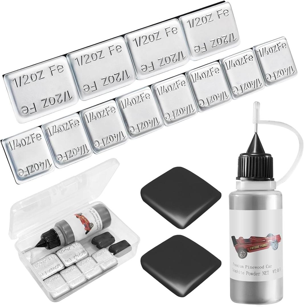 Pinedash Pro Pinewood Car Derby Car Weights Kit 5OZ Total-1OZ Tungsten Weights Putty & 4OZ 12 Pcs 2 Sizes Derby Weights & 0.5OZ Graphite Lubricant-Tungsten Putty for Pine Derby Car Wheels Axles Speed