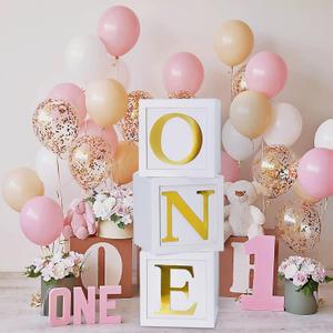 First Birthday Decorations for Girl Boy - 3pcs Stereoscopic Balloon Boxes with ONE Letters for Baby 1st Birthday Party Supplies, Baby Cube Blocks for ABC Photography Props Table Centerpiece
