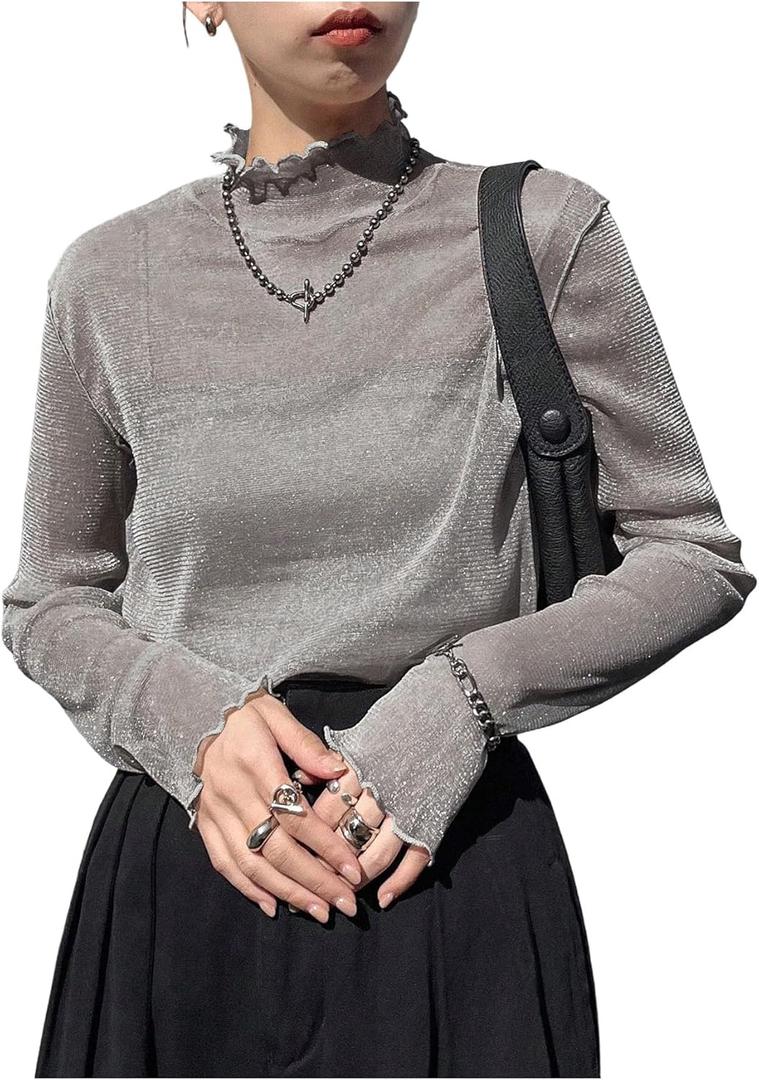 GORGLITTER Women's Mesh Long Sleeve Tops Mock Neck Frill Trim Fitted Glitter T Shirt Casual Tops Outfits (Medium, Grey)