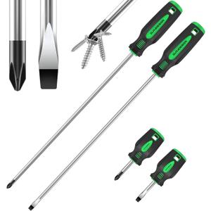 4-Piece 12" Long Screwdriver Set Slotted and Phillips, Long & Short Magnetic Screwdriver Set
