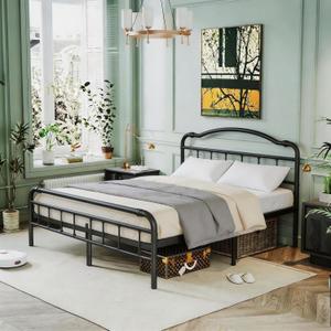 Breezehome 18in Full Size Bed Frame with Vintage Headboard and Footboard, Heavy Duty Metal Platform Bed Frame, No Box Spring Needed, Noise Free, Easy Assembly, Black