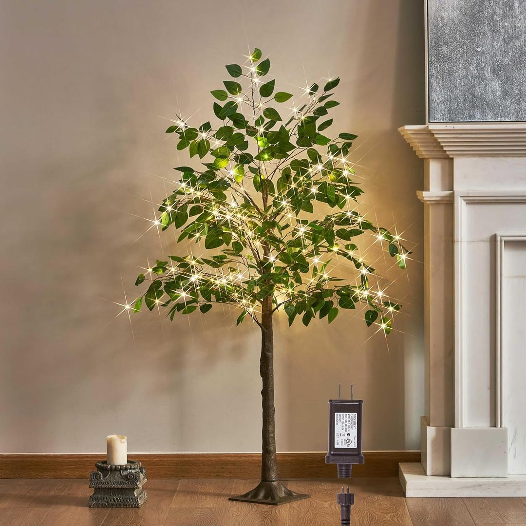 Artificial Ficus Tree with Lights 4FT 140 LED Fairy Lights, Lighted Greenery Tree for Home Living Room Decoration