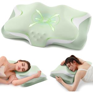 Cervical Neck Pillow, Cooling Ergonomic Memory Foam Pillows for Deep Sleep with Luxury Washable Pillowcase, Contour Orthopedic Neck Support Bed Pillows for Side Back Stomach Sleepers Queen Size-Green