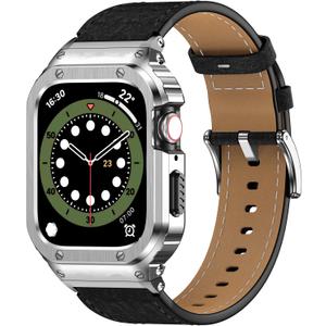 SUPLINK Leather Band with Stainless Steel Case for Apple Watch Ultra 3/2/1 & SE 3/2/1 & Series 11 10 9 8 7 6 5 4 3 2 1 49mm 46mm 45mm 44mm 42mm 41mm 40mm 38mm,Rugged Bumper for Men (Black/Silver)