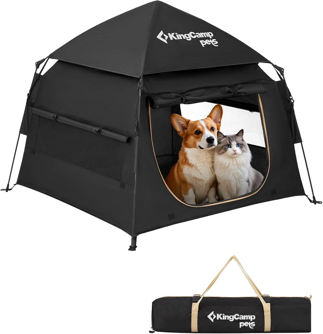 KingCamp Dog Tent, Large Portable Outdoor Indoor Dog House with 600D Oxford Fabric & Dual Layer for Medium Large Dogs, Jet Black (Tent-Large (39.4"x39.4"x35.4"))