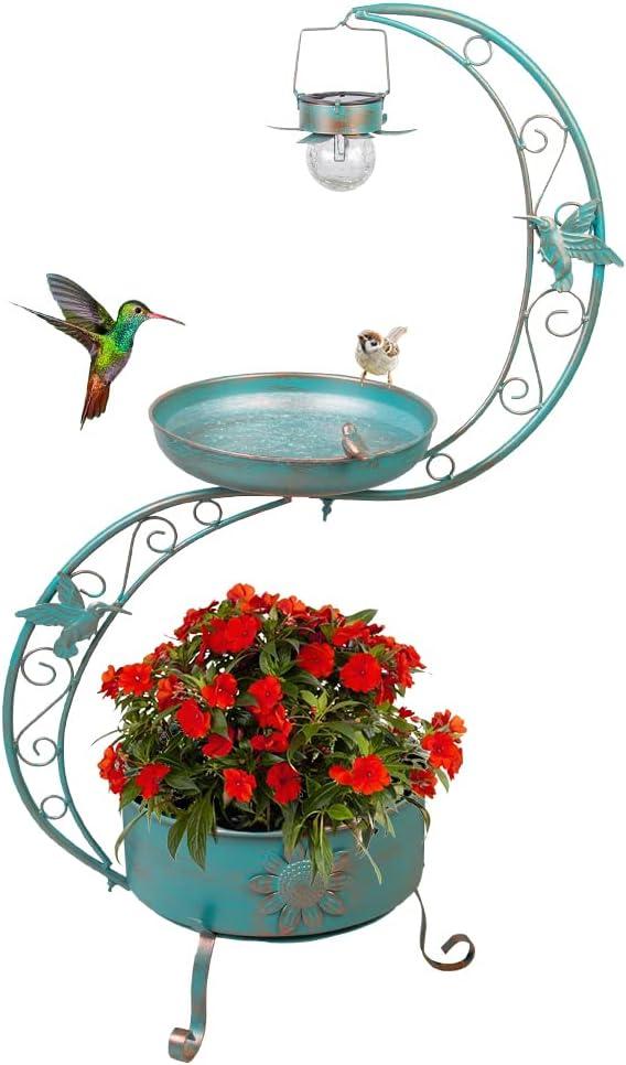 DREAMSOUL Bird Bath with Flower Planter Pedestal, 36" Bird Baths for Outdoors with Solar Lighting Lamp, Vintage Birdbath for Garden Yard Patio Lawn Decor