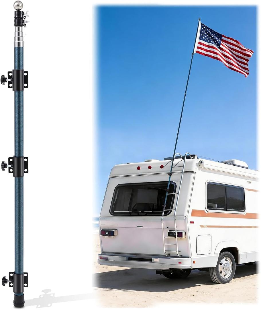 16 ft RV Telescoping Flag Pole Kit, Fiberglass Ladder Telescopic Flag Pole Adjustable Heavy Duty Portable Flagpole for Tailgate Party, Camping, Trailer, Camper, Outdoor Patriotic Display