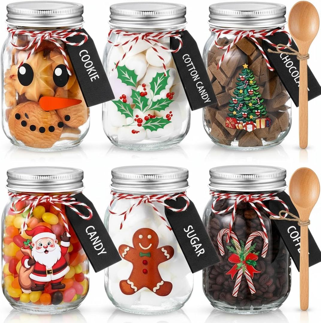 Vesici 6 Set Christmas Hot Chocolate Bar Supplies 17 oz Glass Mason Jars Wooden Spoons Black Wooden Labels Tags Red White Rope Christmas Cocoa Accessories DIY Gift Set Party Favors