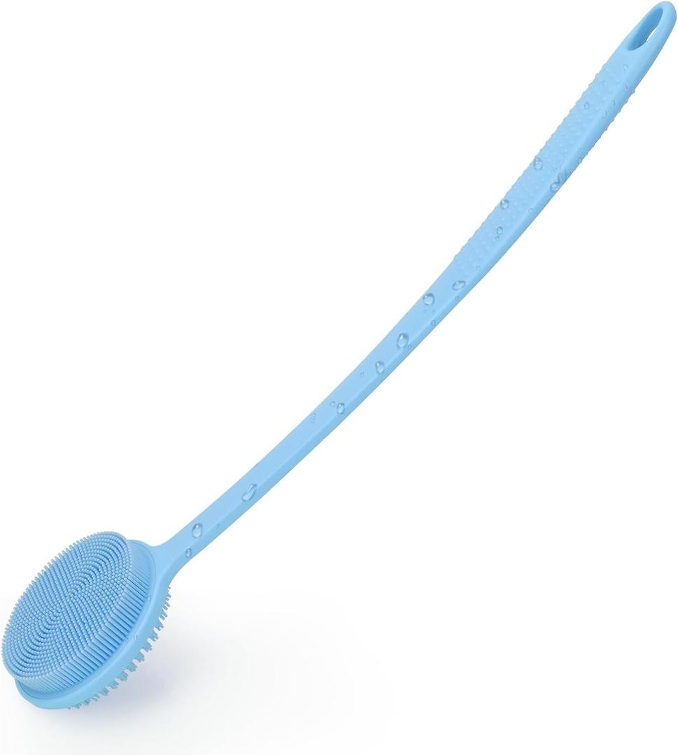 Silicone Back Scrubber for Shower, 17in Lengthen Long Handle Body Brush, Double Sided Shower Brush for Shower Exfoliating and Massage Can Produce Rich Foam, Long Handle Back Scrubber for Men (Blue)