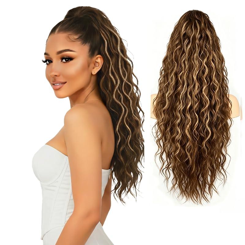 24 Inch Curly Claw Clip Ponytail Extension Long Wavy Synthetic Hair Extensions for Women, Light Golden Brown Highlight, Natural Looking Fluffy Hairpiece for Daily Party Wedding OriSunion