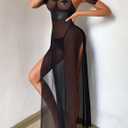 Hilinker Womens Sexy Sheer Lingerie Dress Set Long Mesh Leather Patchwork See Through Chemise Nightgown Black Small (Black, S)