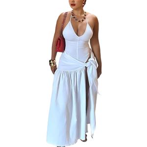 Womens Summer 2 Piece Maxi Skirt Sets Sexy Halter V Neck Backless Thong Bodysuits Wrap Beach Cover Ups Vacation Outfits (Small, White)