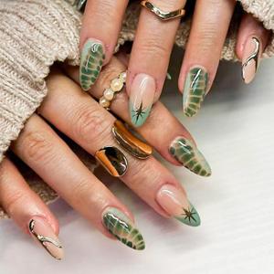 3 x Green French Tip Press On Nails Star False Nails Medium Almond Glossy Artificial Acrylic Full Cover Nude Stick On Nails for Women Manicure 24Pcs