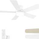 42 Inch White Ceiling Fans with Lights and Remote, LED Low Profile Flush Mount Ceiling Fan for Bedroom, Living Room, Patio, Quiet DC Motor, 5 Blades