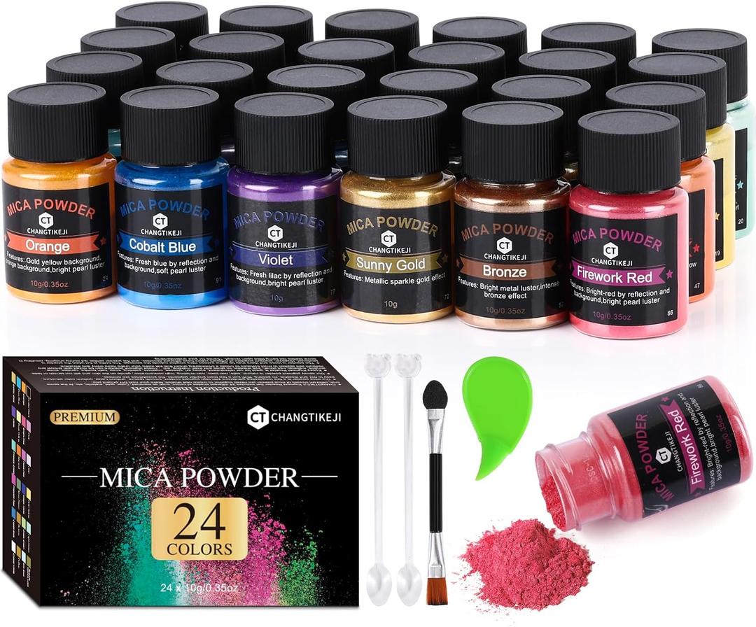 CHANGTIKEJI Mica Powder24 Colors - 10g/Bottle of Natural Pigment Powder for Epoxy ResinSoap MakingCandle Making,Lip Gloss,Car Freshies,Dye,Nail Polish,Bath Bombs