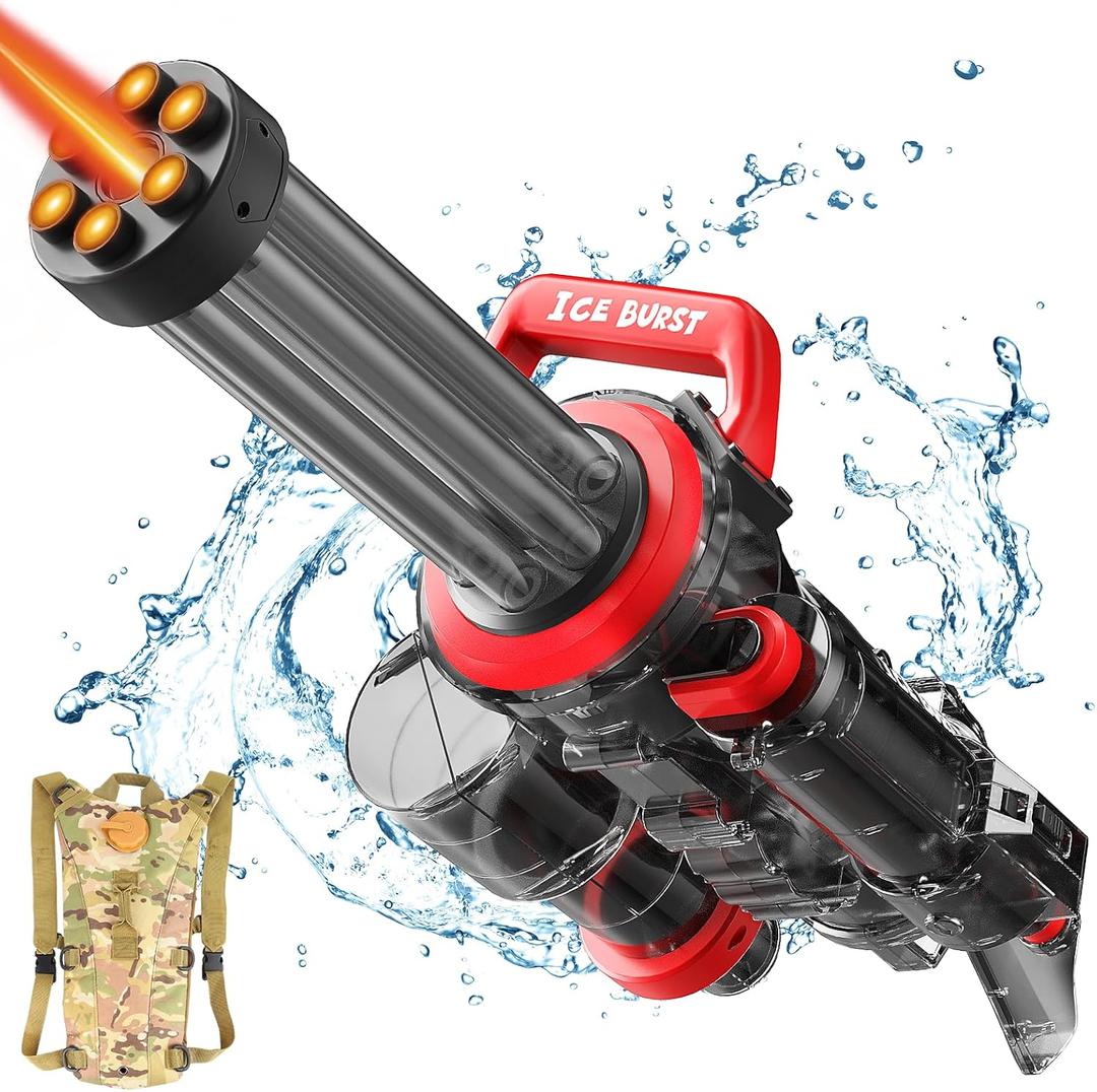 Gatling Electric Water toy for Adults & Kids,The Most Powerful Full Auto Squirts toy with Large Capacity Water Storage Backpack,Up to 36ft Shooting Range,Dazzling Gunfire Effects Muzzle Flash-Black