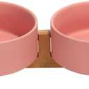 SPUNKYJUNKY Ceramic Dog and Cat Bowl with Wood Stand Non-Slip Matte Glaze Weighted Food Water Set for Cats &Small Dogs 13.5 OZ (1.7 CUPS, Pink  2)