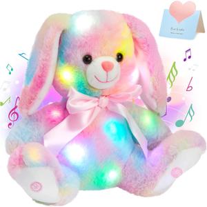 Glow Guards 10'' Easter Light up Musical Bunny Stuffed Animal Rainbow Lop Eared Rabbit Glowing Singing Plush Toy Lullaby Bed Night Light Birthday for Toddler Kids