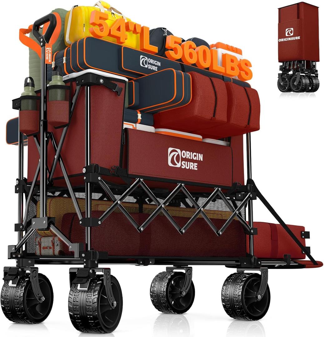 Originsure 400L Foldable Double Decker Wagon, 54" L Tailgate, 560lbs, Red