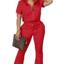 OCEANLUX Women's Lounge Tracksuit Set Two Piece Full Zip Up Short Sleeve Jacket & Drawstring pants Outfits Size Small, Red