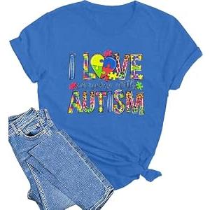 Autism Awareness Shirt Women Autistic Support Graphic Shirts Special Education Tops Casual Mental Health Short Sleeve Tee Light Blue, Light Blue Large