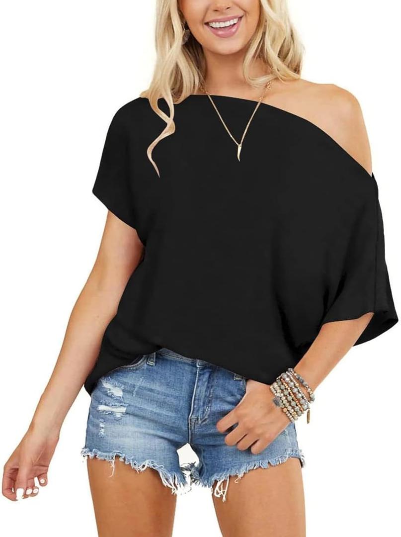 Off the Shoulder Tops for Women Short Sleeve Batwing Shirts Oversized Tee Tunic Summer Casual Loose Fit (X-Large, Black)