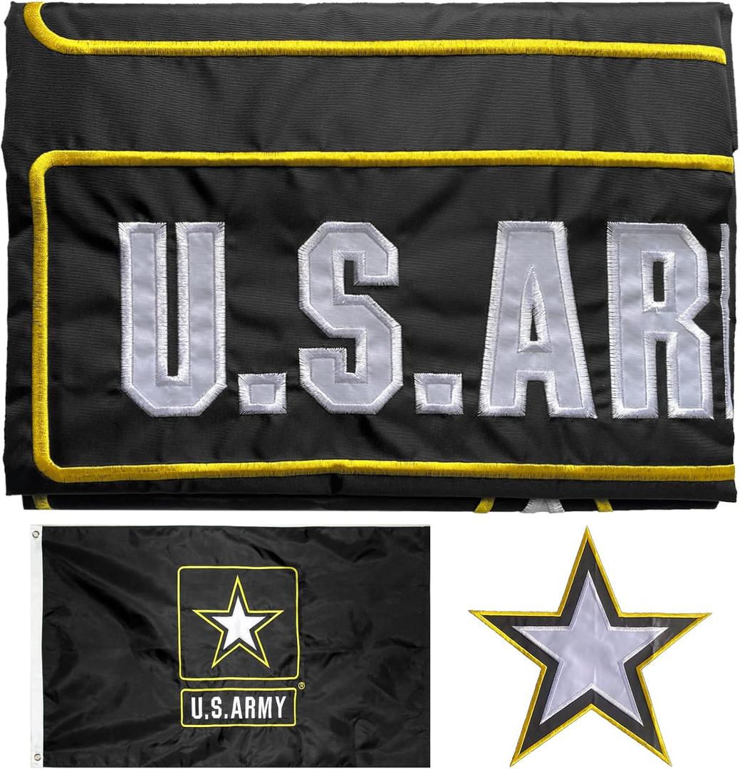 Black US Army Flag Embroidered 3x5 Double Sided- 3Ply Heavy Duty 300D Nylon(All Weather)- Military Flag USA Army Flag-2 Brass Grommets & 4 Rows Stitched