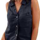 Amazhiyu Women's 100% Linen Summer Sleeveless Button-Down Tops Slight Crop Vest (Dark Blue), Size: L