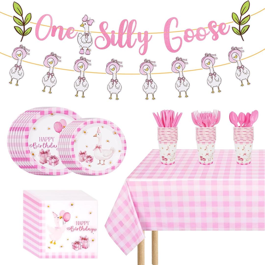 170 Pcs One Silly Goose Birthday Decor Girl Party Tableware Set, Silly Goose Birthday Decorations Include Pink Gingham Tablecloth Plates and More for 24 Guests, Baby Shower Decorations for Girl