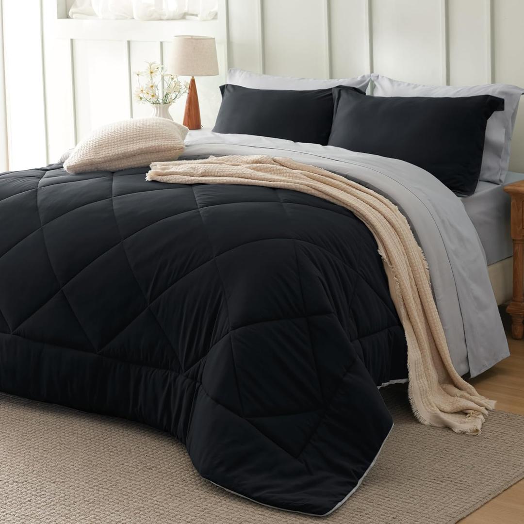 Bedsure Queen Comforter Set - 7 Pieces Reversible Black Bedding, Queen Size Bed Set for All Seasons, Bed in a Bag with Down Alternative Comforter, Sheets, Pillowcases & Shams