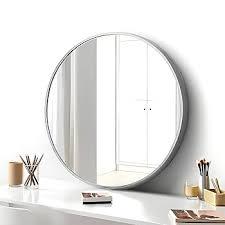 FINEWF 20x20 Round Mirror Circle Wall Mounted Aluminum Alloy Metal Frame HD Glass Dressing Make-up for Bathroom Entryway Bedroom Living Room 20 inch Silver