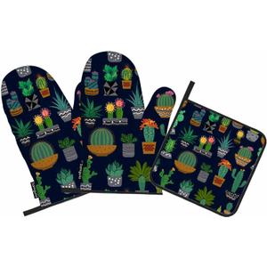 Cactus Oven Mitts and Pot Holders Sets Succulents Potted Plant Garden Nature Heat Resistant 3pcs for Cooking Baking BBQ