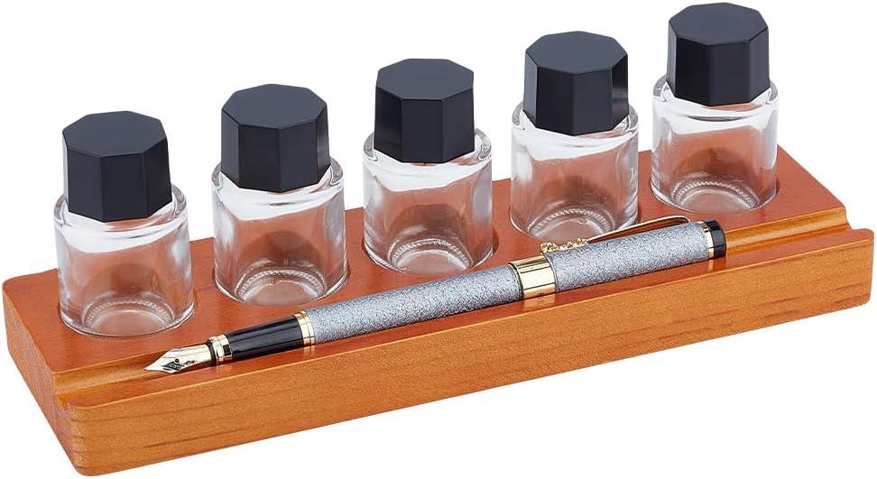 BENECREAT 5-Hole Calligraphy Ink Pot Holder Set, Wood Bottle Organizer Stands & 5Pcs Glass Fountain Pen Ink Bottle15ml/ 0.5oz Decorative Desk Organizer for Office and Home Writing